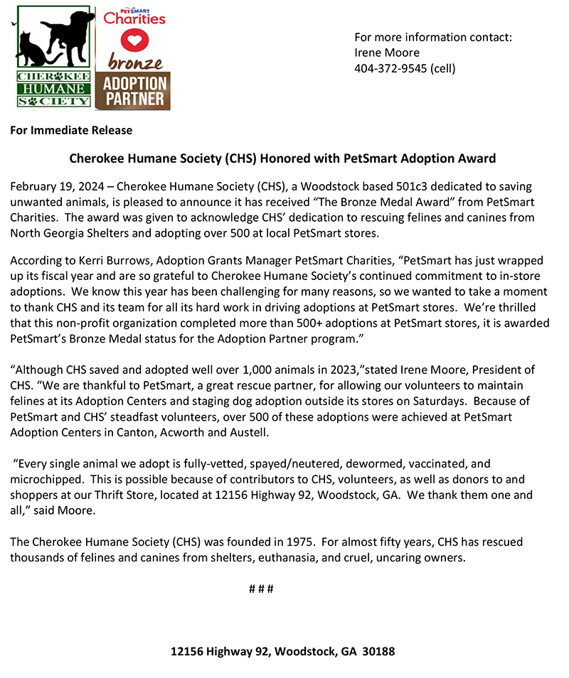Cherokee Humane Society (CHS) Honored with PetSmart Adoption Award